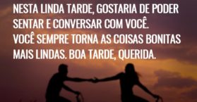 Nesta linda tarde, gostaria de poder sentar e conversar com você. Você sempre torna as coisas bonitas mais lindas. Boa tarde, querida.